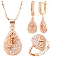 fs037 top quality rose gold crystal necklace ring earrings jewelry sets wedding accessories bridal gift new 2014