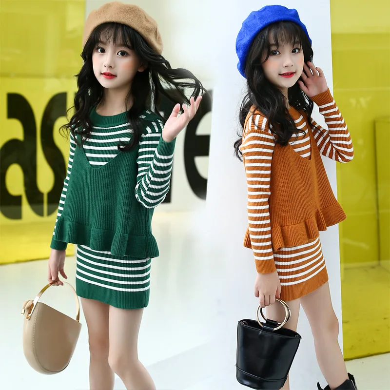 

The 2017 Fall Long Striped Sweater Two Pcs Suit Girls Sweater Dress with Ruffle Vest Age 5 6 8 10 11 13