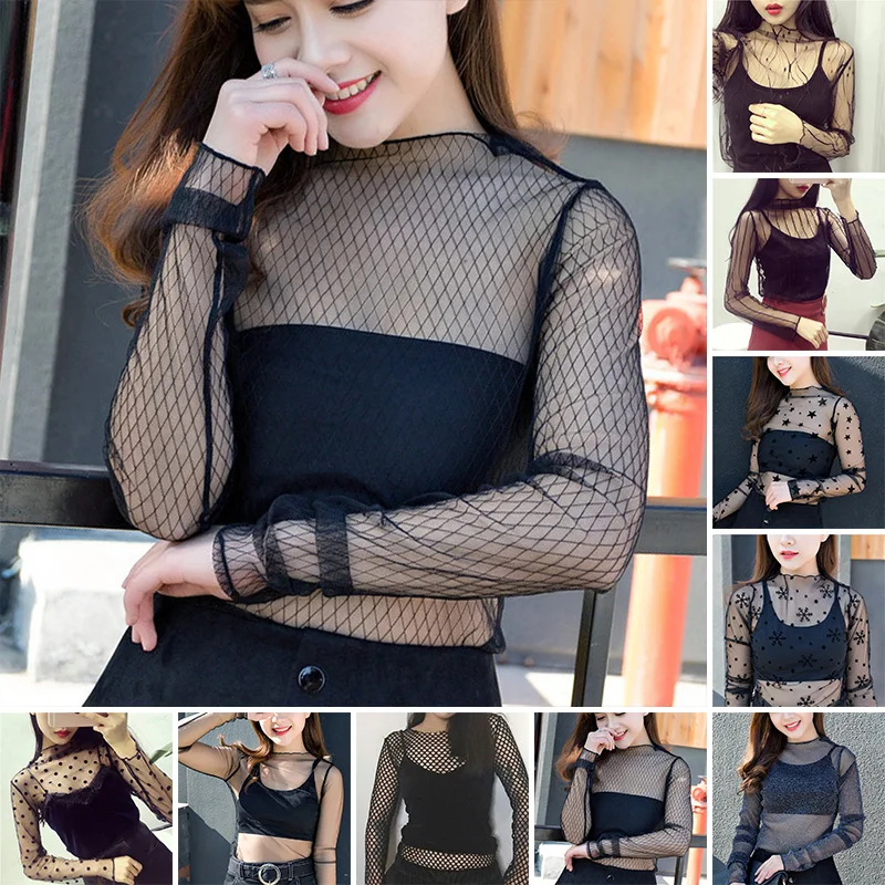 2019 сексуальные топы с длинным рукавом кружева тонкая перспективная рубашка