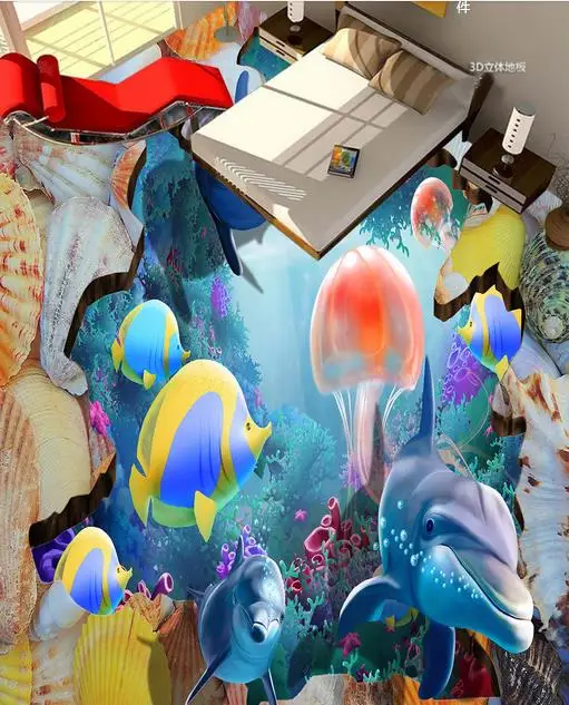 

Дизайнерский виниловый паркет, 3d настенные фрески, обои с морскими рыбками, кораллами, медузами, дельфинами, 3d фотообои для пола, комнаты, са...