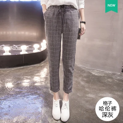 dark grey plaid Gowyimmes, большие размеры, S-2XL, женские шаровары, повседневные, черные, серые, клетчатые штаны, Harajuku, женские штаны длиной до щиколотки, брюки, хит 311 - Цвет: dark grey plaid