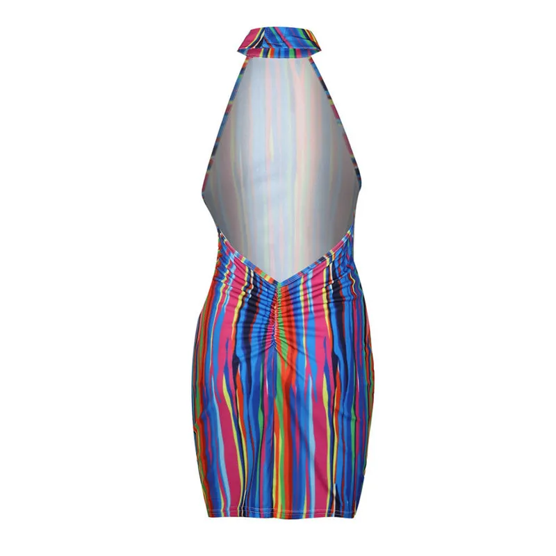 

Hot sell 2018 Off Shoulder sexy Dresses summer women striped print halter backless party dress femme clubwear bodycon Mini Dress