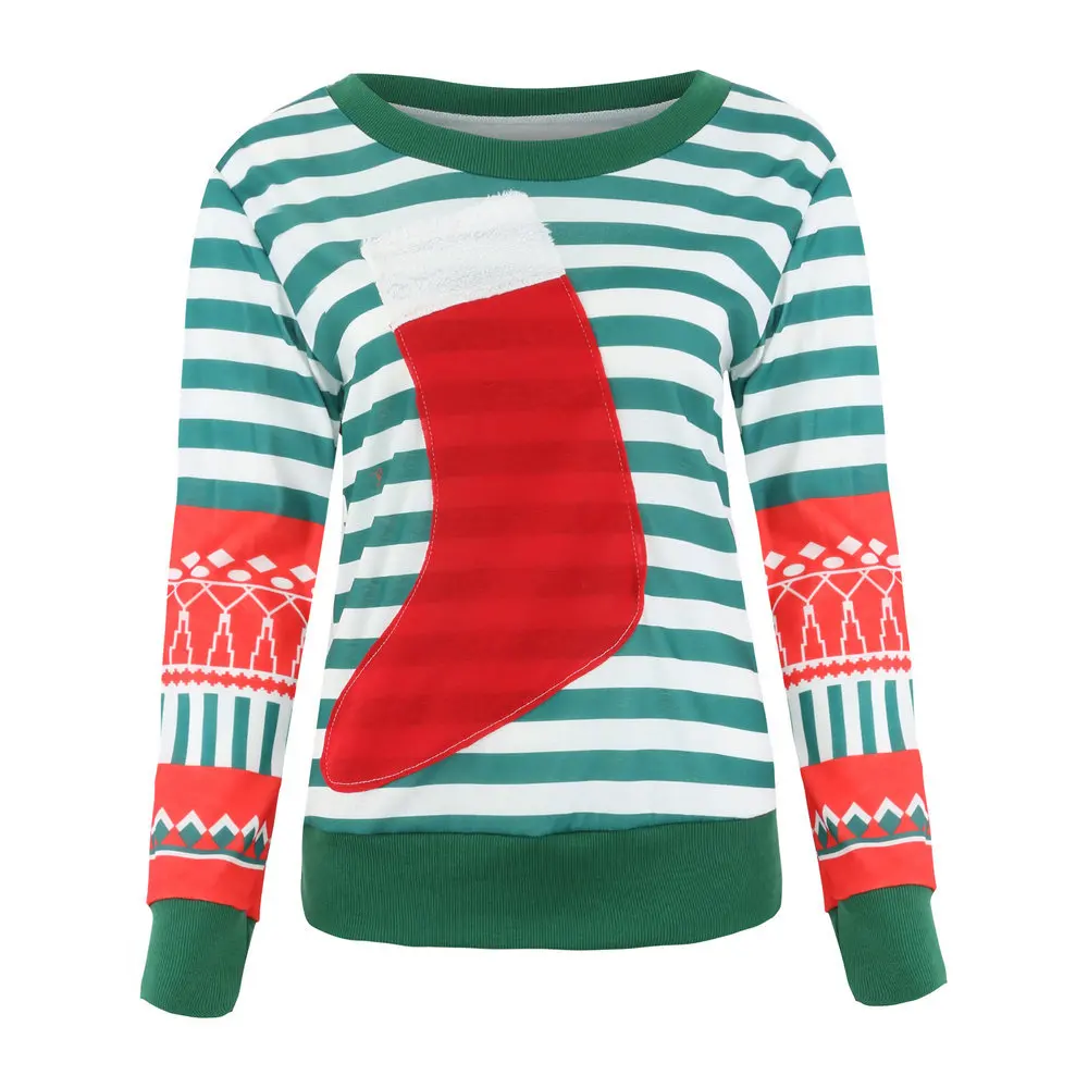 

LOSSKY Christmas Striped Socks Patchwork T Shirt Casual O Neck Long Sleeve Autumn Winter Funny T-shirt Fall Tops Tees For Women