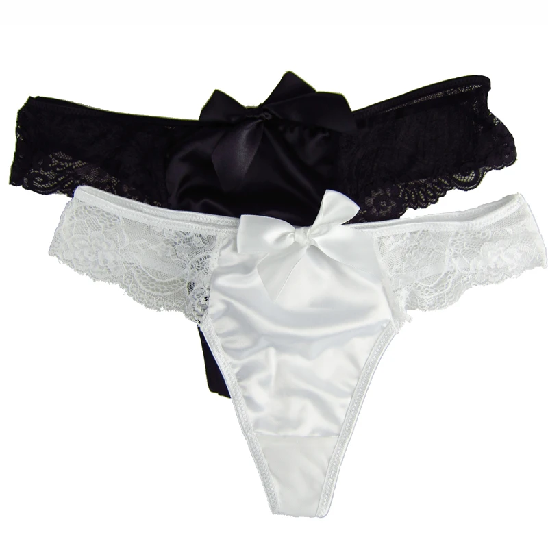 Новые женские сексуальные кружевные трусики стринги с бантом белый/черный цвет
