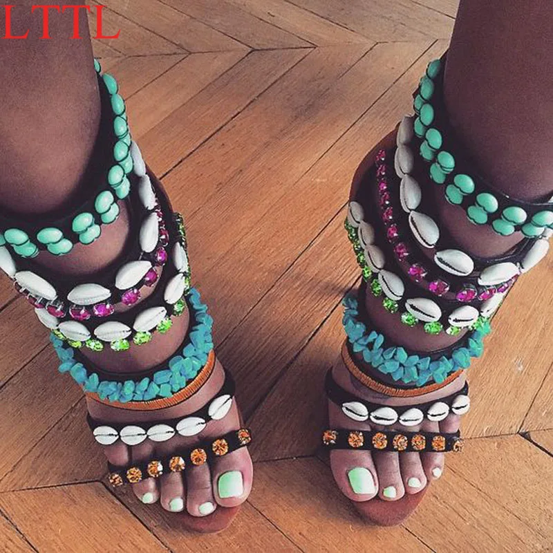 

Sexy Shell Crystal Sewed Stiletto High Heels Sandals Women Faux Suede Gladiator Mixed Color Ankle Boots Sandals Party Shoes