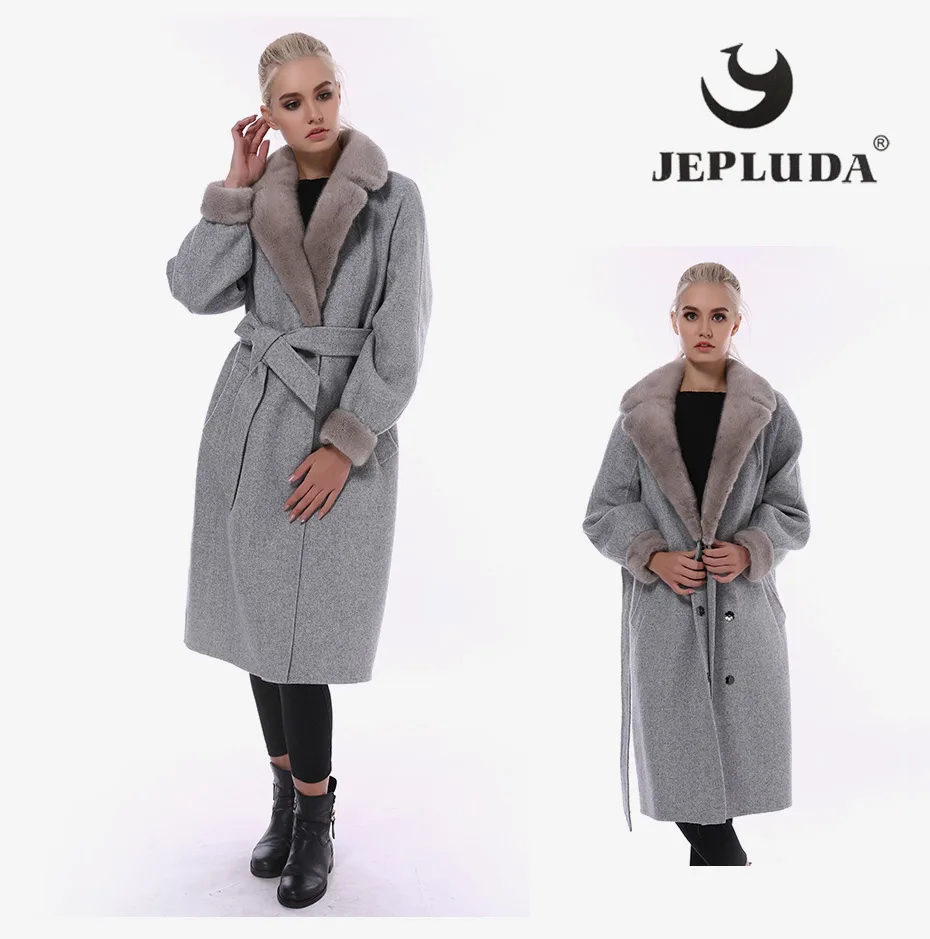 JEPLUDA кашемировое пальто с высоким содержанием, Женское зимнее пальто с воротником из натурального меха норки, длинное пальто из натуральной шерсти, натуральная Меховая куртка