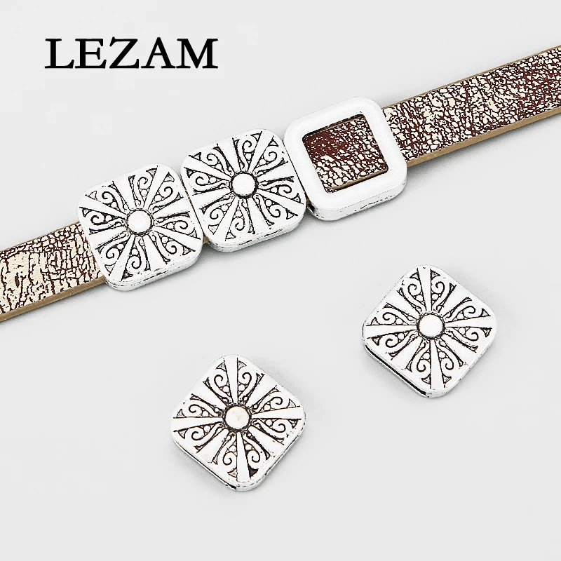 

10pcs Charms Slider Beads Spacer Tibetan Embossed Flower Pattern Spacer For 10*2mm Flat Leather Cord Jewelry Findings