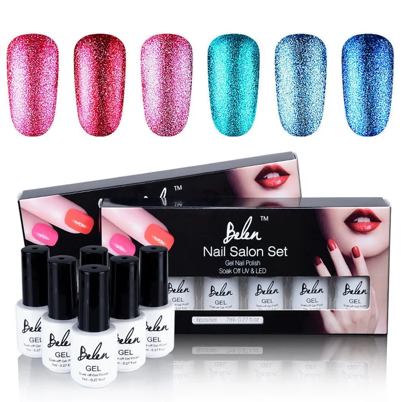

Belen Belen 6 Colors Set Platinum Shimmer Bling Gel Nail Polish UV Led Semi Permanent Soak Off Manicure DIY Nail Art Gifts Box