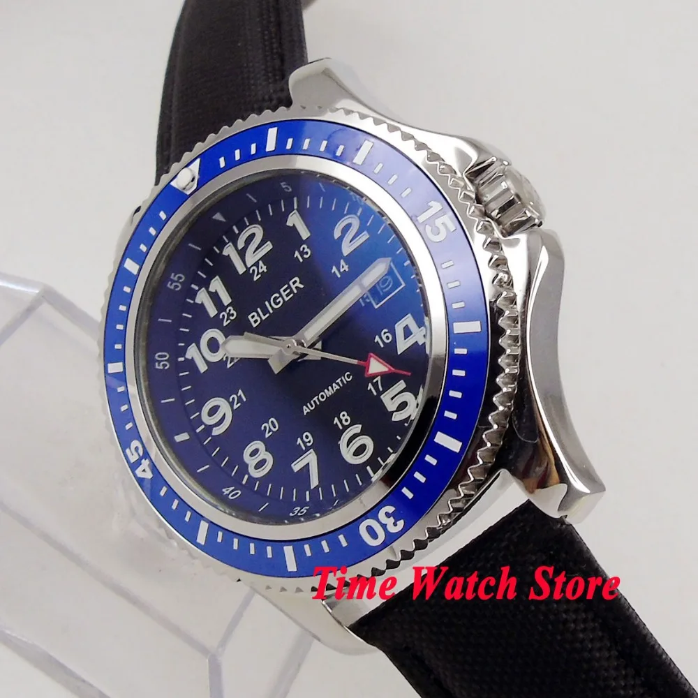 

44mm BLIGER Miyota automatic wrist watch men polished SS case waterproof black dial luminous blue bezel black leather strap 143