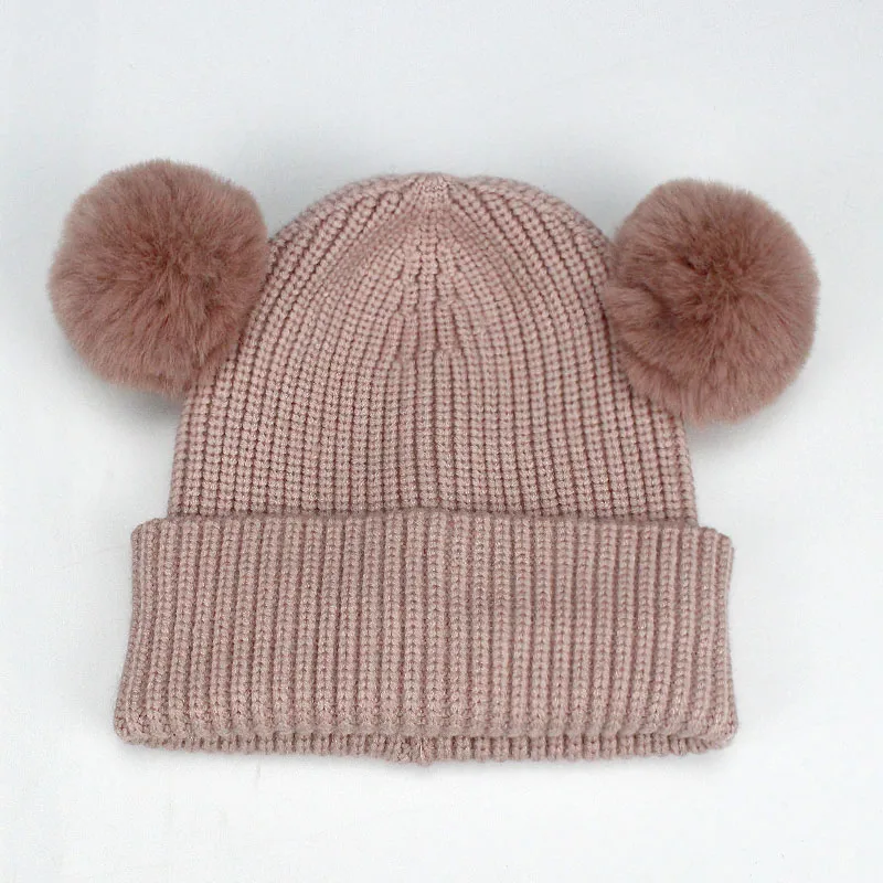 Зимняя детская вязаная шапка с двумя помпонами из искусственного меха меховым