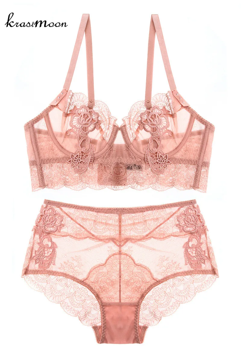 

Lace Bra Set Luxury Embroidery Transparent Bra Briefs Set Sexy Ultra Thin Underwire Women Bras High Waist Lingerie Set BS4