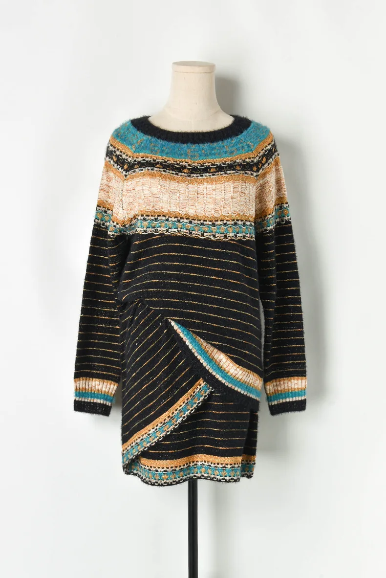 Runway Women's sweater sets Autumn Lurex Striped Loose Pullver Sweater+ High Waist Mini Knitted skirt Women 2 piece Set