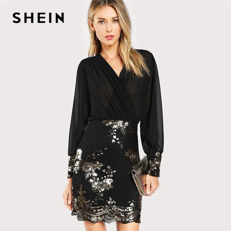 SHEIN Модное Платье Женское Осеннее Черное Элегантное С V Образным Вырезом И