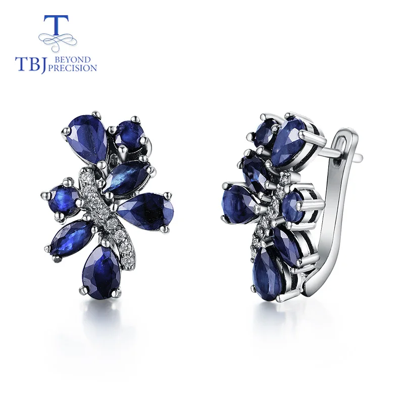 sapphire earrings TBJ, натуральный сапфир набор ювелирных изделий кольца и серьги цветочный дизайн 925 серебро подходит для женщин Свадьба или годовщина хороший подарок - Цвет камня: sapphire earrings