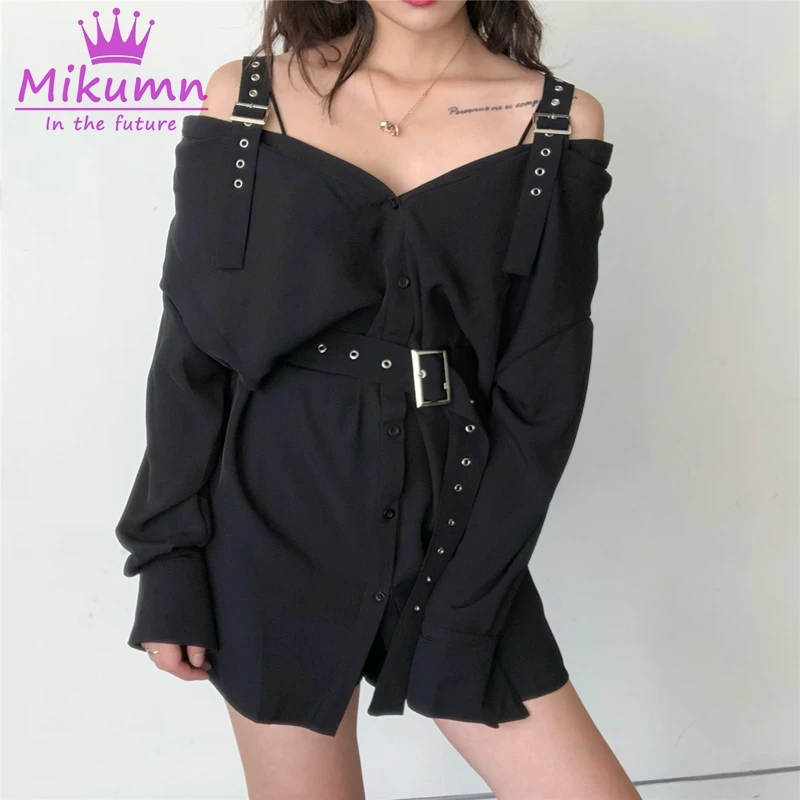 Mikumn, женское платье, Harajuku, готические, черные платья, корейский стиль, модные, прямые, с поясом, на пуговицах, повседневные, простые, в стиле панк, женские сексуальные платья