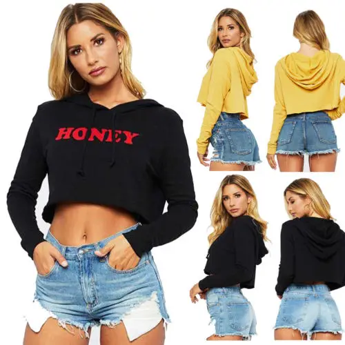 Женская укороченная толстовка с капюшоном джемпер длинным рукавом и принтом