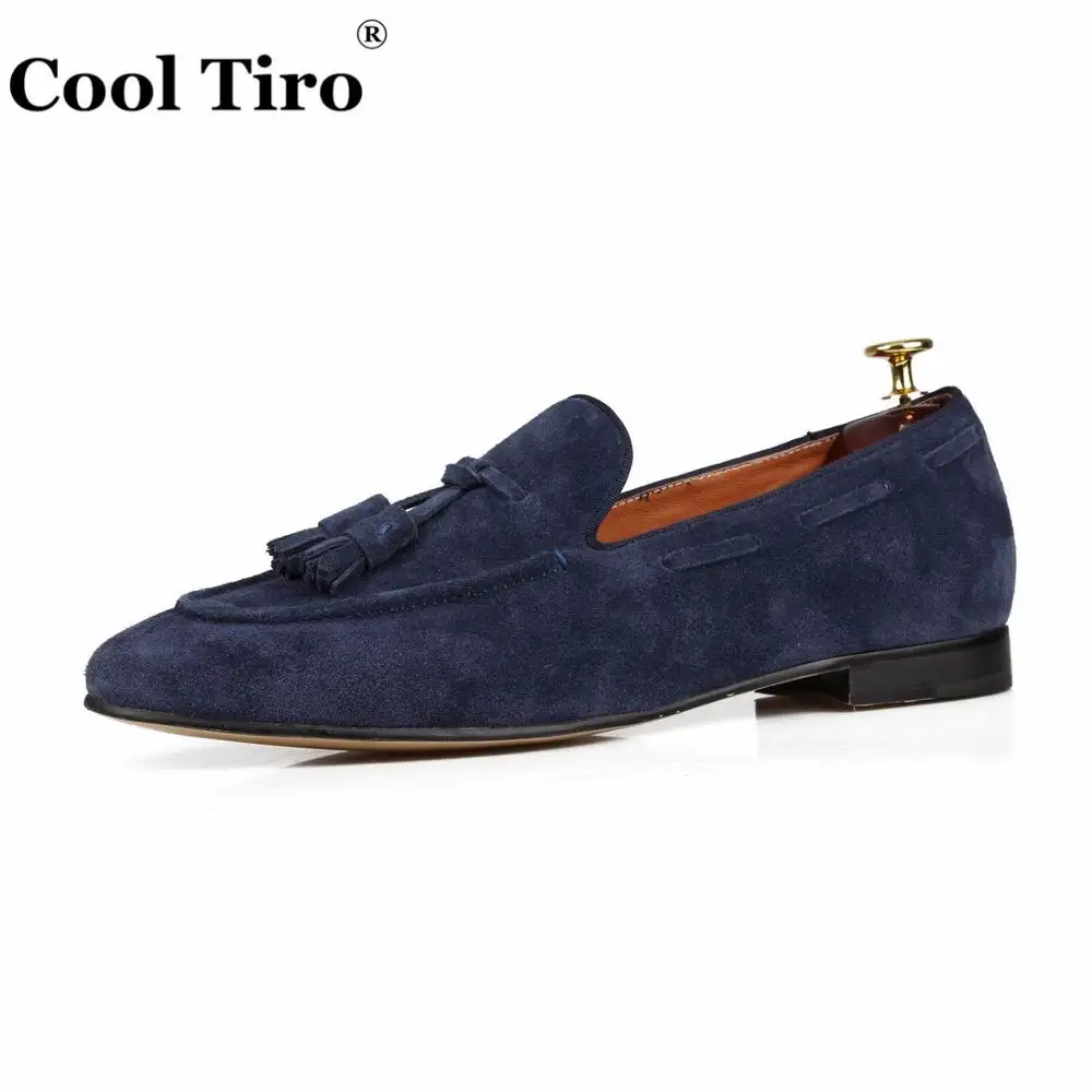 Dark blue suede Cool Tiro/черные замшевые мужские лоферы с кисточками; повседневная обувь из натуральной кожи; мокасины; тапочки; официальная Свадебная обувь; мужская обувь на плоской подошве - Цвет: Dark blue suede