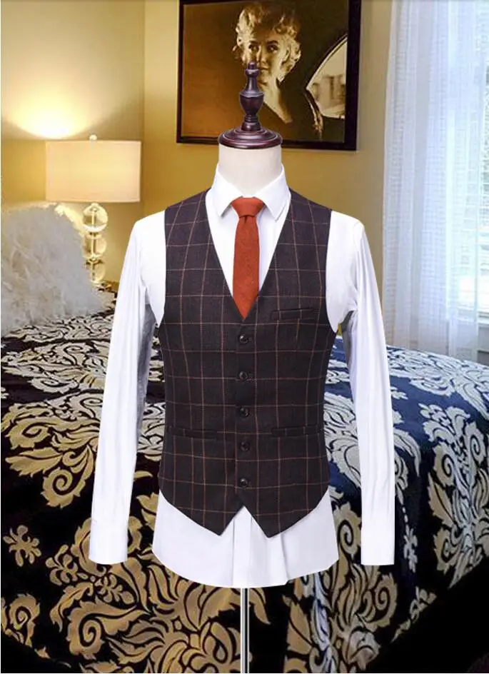 Мужской облегающий костюм в коричневую клетку для жениха свадьбы выпускного