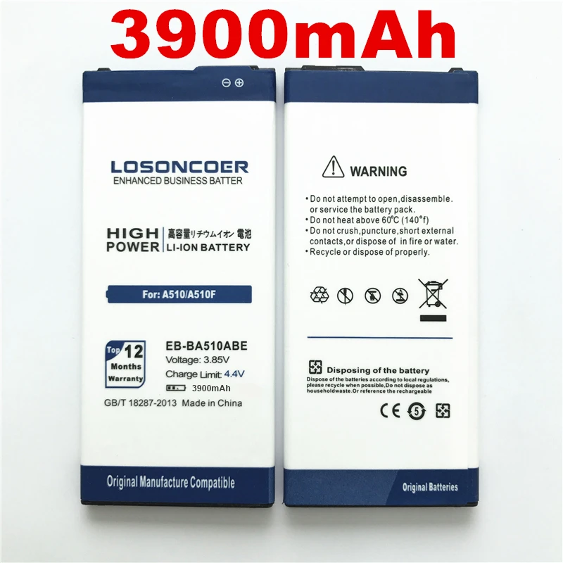 Original LOSONCOER 3900mAh EB-BA510ABE Replacement Battery For Samsung Edition A510 SM-A510F A5100 A5 Battery