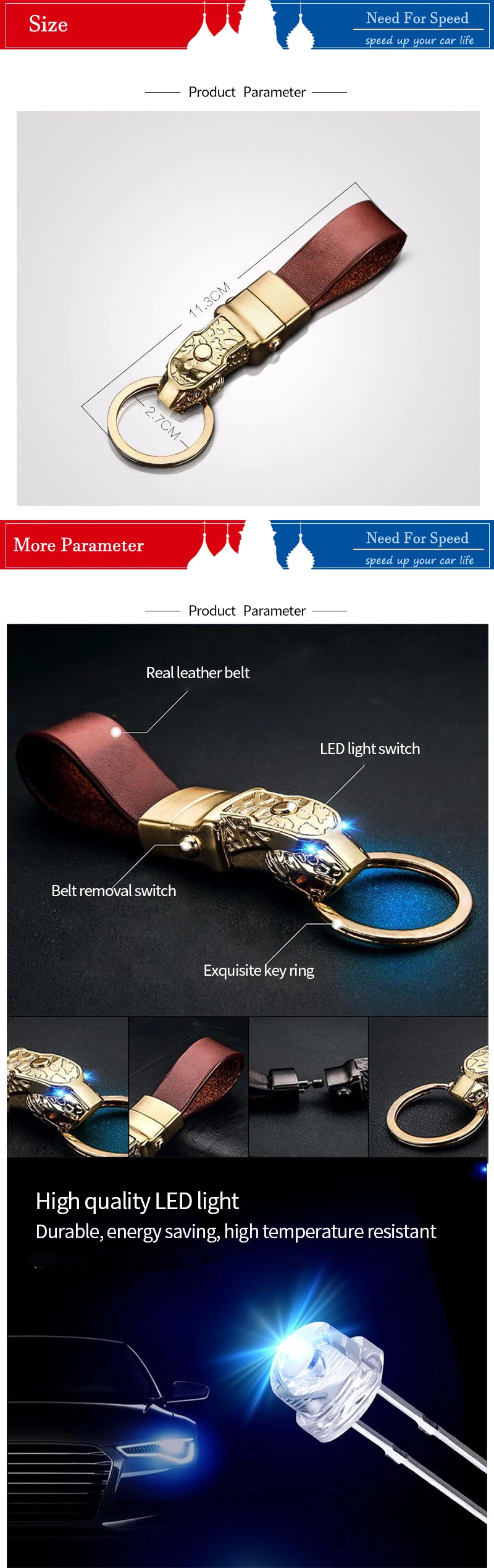 Car Keychain LED Light Key Rings Hanging Pendant Leopard Head For Motorcycle Men Women Key Chain Holder Gift on Auto Accessories