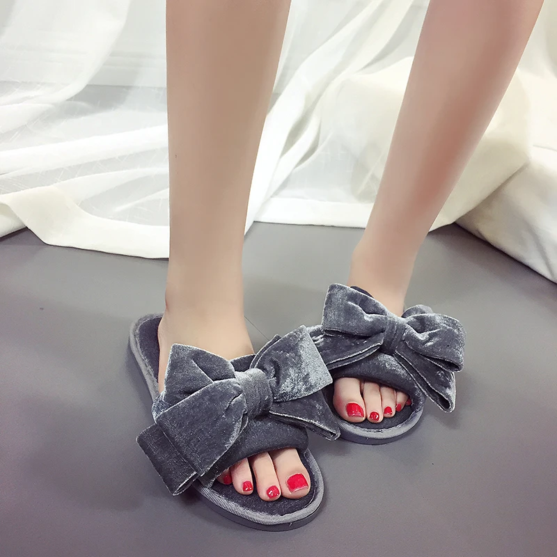 С большим бантом женские меховые Сандалии-шлепанцы мягкая женская обувь 4 вида