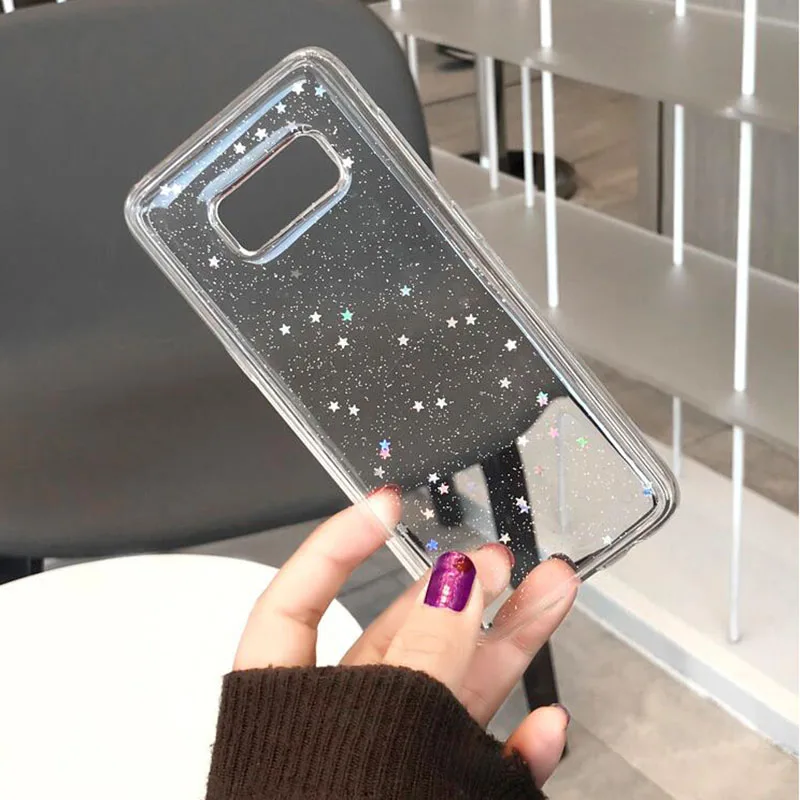 Прозрачный блестящий чехол со звездами для Samsung S7 edge S8 S9 Plus Note 8 мягкий из ТПУ iphone XS