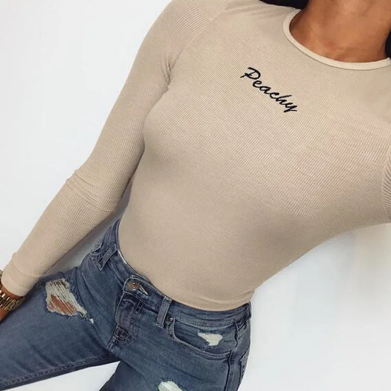 Женское трикотажное боди с вышивкой повседневное облегающее длинным рукавом и