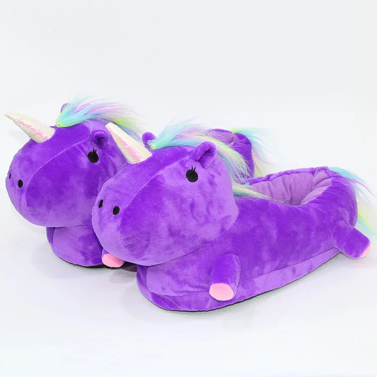 Красивые плюшевые домашние тапочки с единорогом для взрослых и детей осень-зима