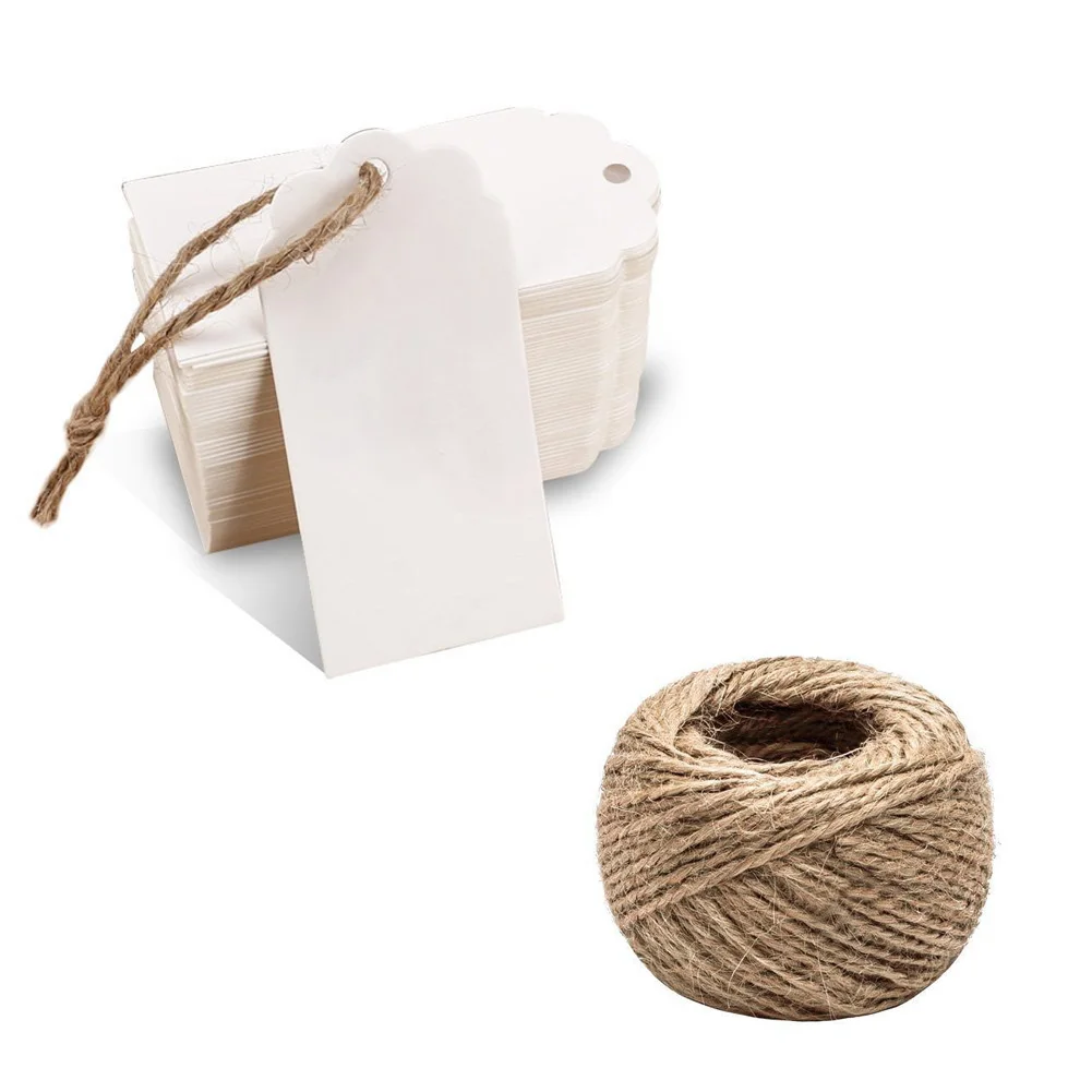 White 100Pcs Gift Tag Hang Wedding Paper Blank DIY Store Price Label Hemp Rope - Color: White