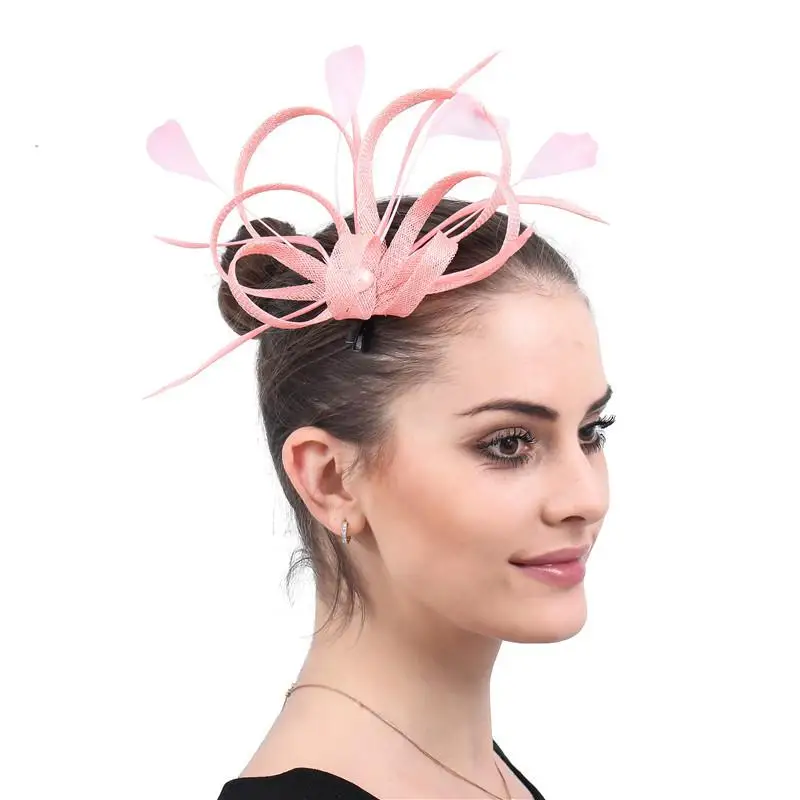 

Handmade Pink Flax Mesh Bridal Headdress Feather Hair Accessories Elegent Wedding Banquet Party Dress Headdress