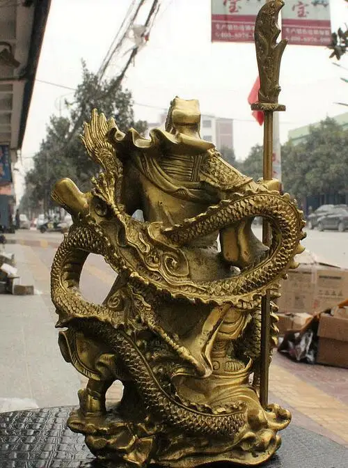 Китай латунь Дракон халат стенд воин Guan Gong Yu дверь меч с изображением Бога