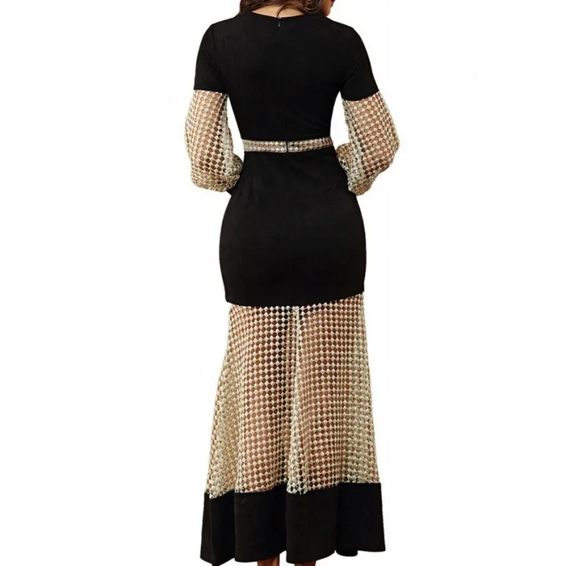 Heavy Work Hollow Out See Through Womens Sexy Mermaid Dresses Long Puff Sleeve High Waist Evening Gown Female Party | Женская одежда