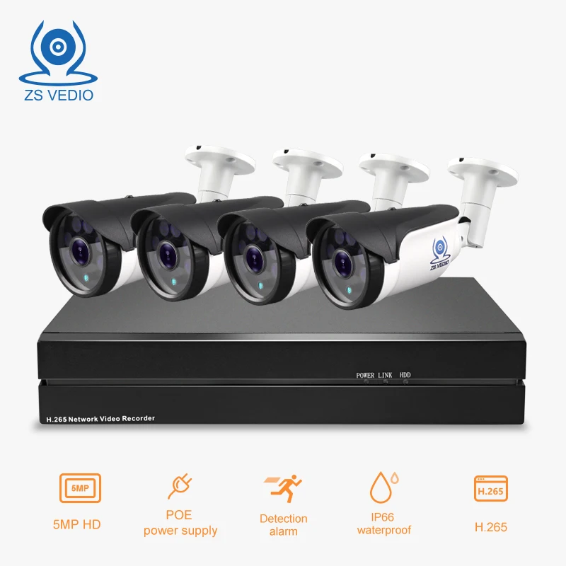 ZSVEDIO H.265 5.0MP POE 4CH NVR комплект системы видеонаблюдения IP камера P2P IR IP66 Открытый