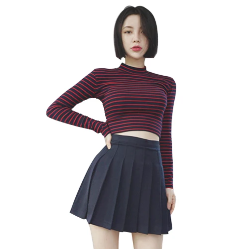

YouGeMan Tee Shirt Femme 2020 Spring Korean Ulzzang Harajuku Short Style Long Sleeve Crop Top Striped Turtleneck Women T-shirt