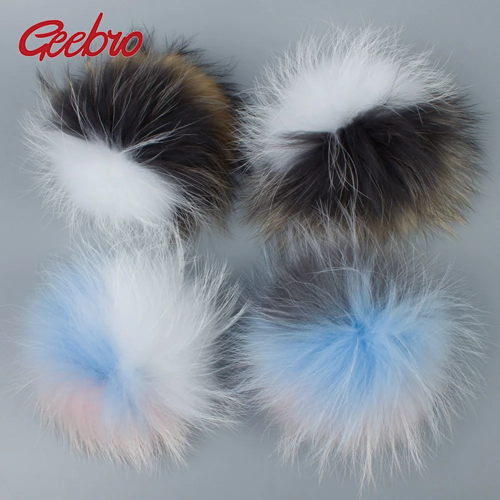 

Geebro 3 Tone Colors Patchwork 5 Pcs/pack Real Natural Raccoon Fur Pompoms Beanies Hat with Applique Wholesale Price GS038E-3C