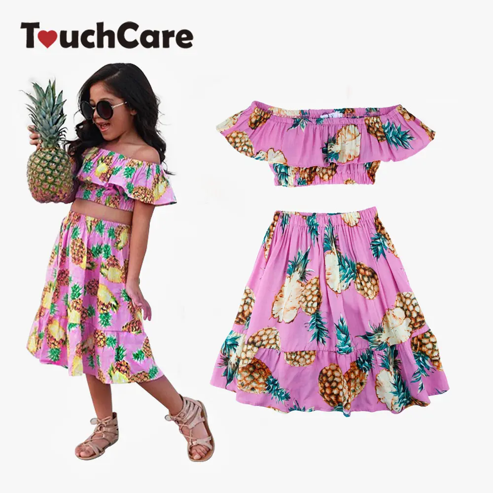 

2 PCS/Set Summer Baby Girls Clothing Set Pineapple Print Off Shoulder Top+Skirt Ruffle Girls Dress Beach Sundress Robe Fille