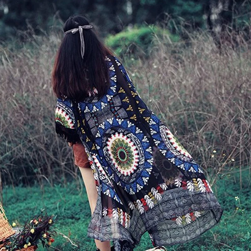 Летнее кимоно в богемном стиле кардиган повседневные Модные женские рубашки