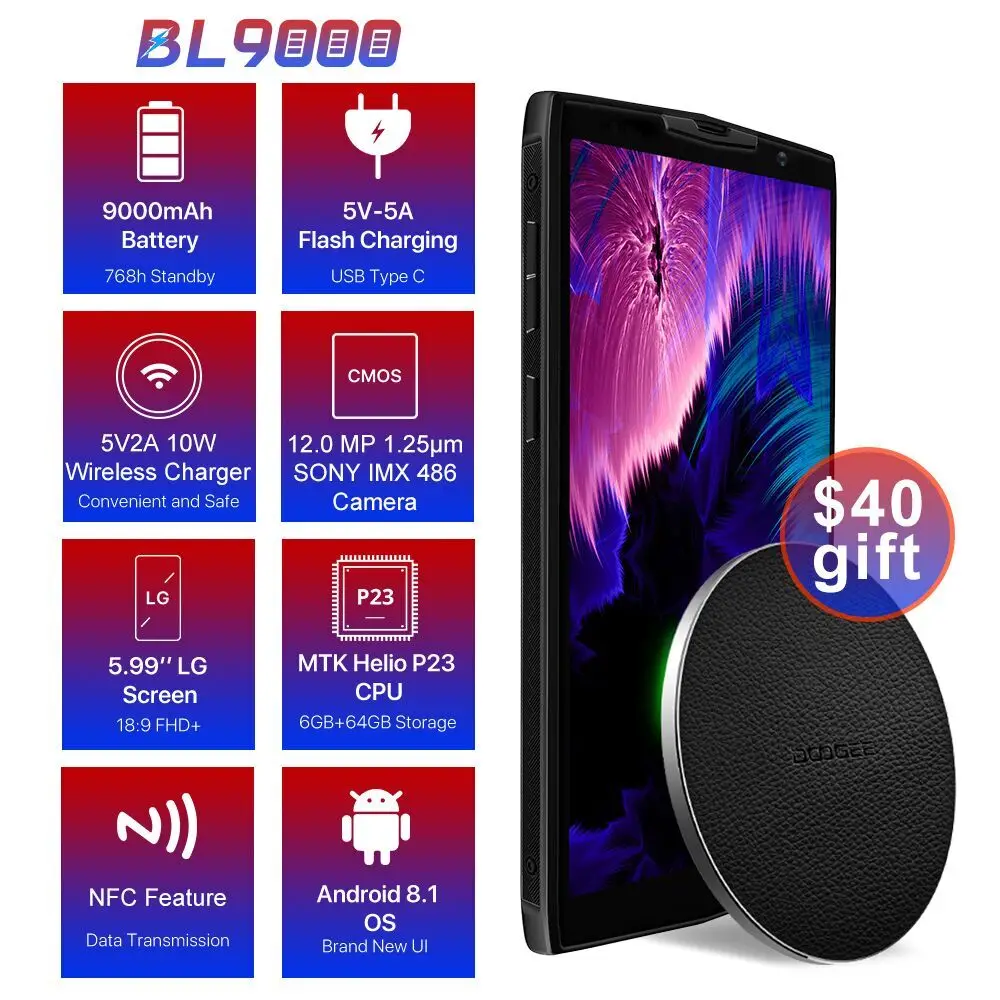 DOOGEE BL9000 смартфон с 5 99-дюймовым дисплеем процессором Helio P23 ОЗУ 6 ГБ ПЗУ 64 12 МП Мп 8 |