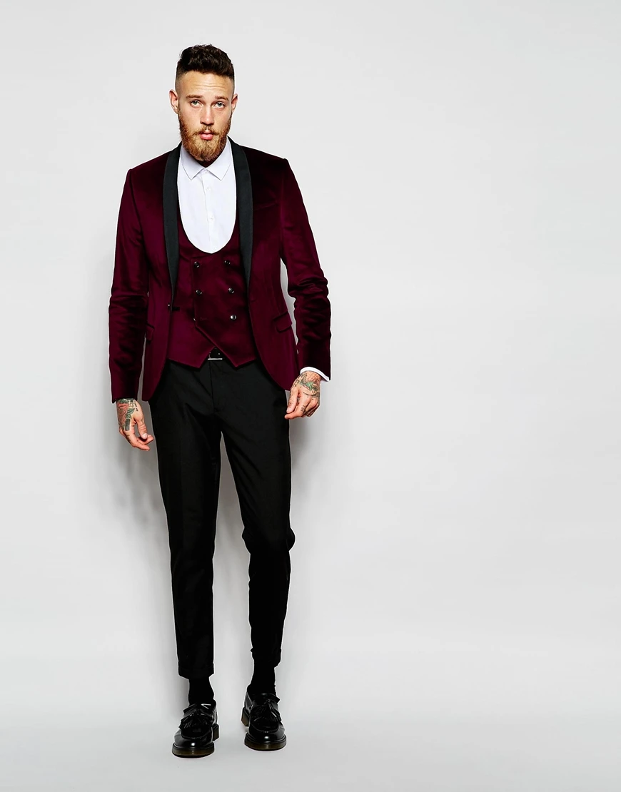 

Latest Coat Pant Designs Burgundy Velvet Prom Men Suit Slim Fit 3 Piece Tuxedo Custom Blazer Groom Party Suits Terno Masculino 4