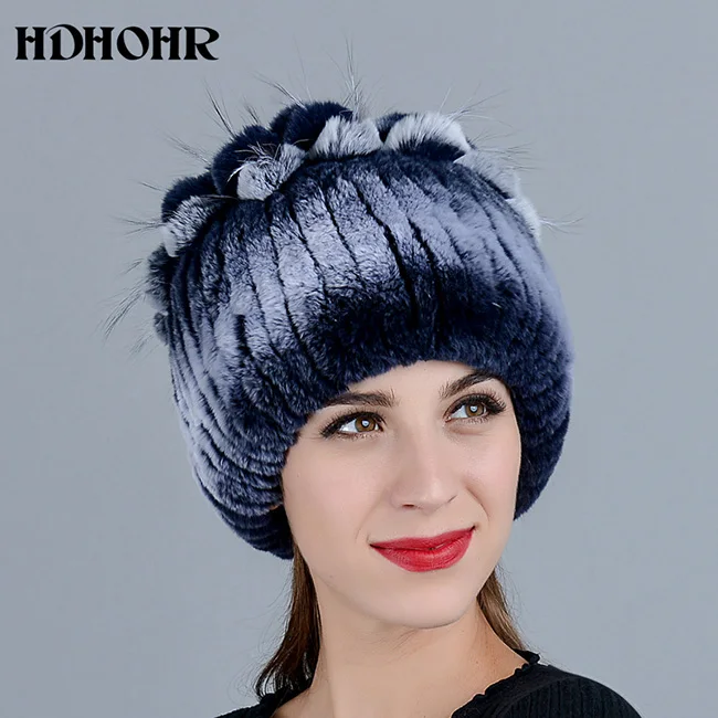 HDHOHR, хит, шапка из натурального меха, шапка из меха кролика Рекс, мех серебристой лисы, шапки бини, женские зимние толстые теплые головные уборы, теплые шапки - Цвет: Синий