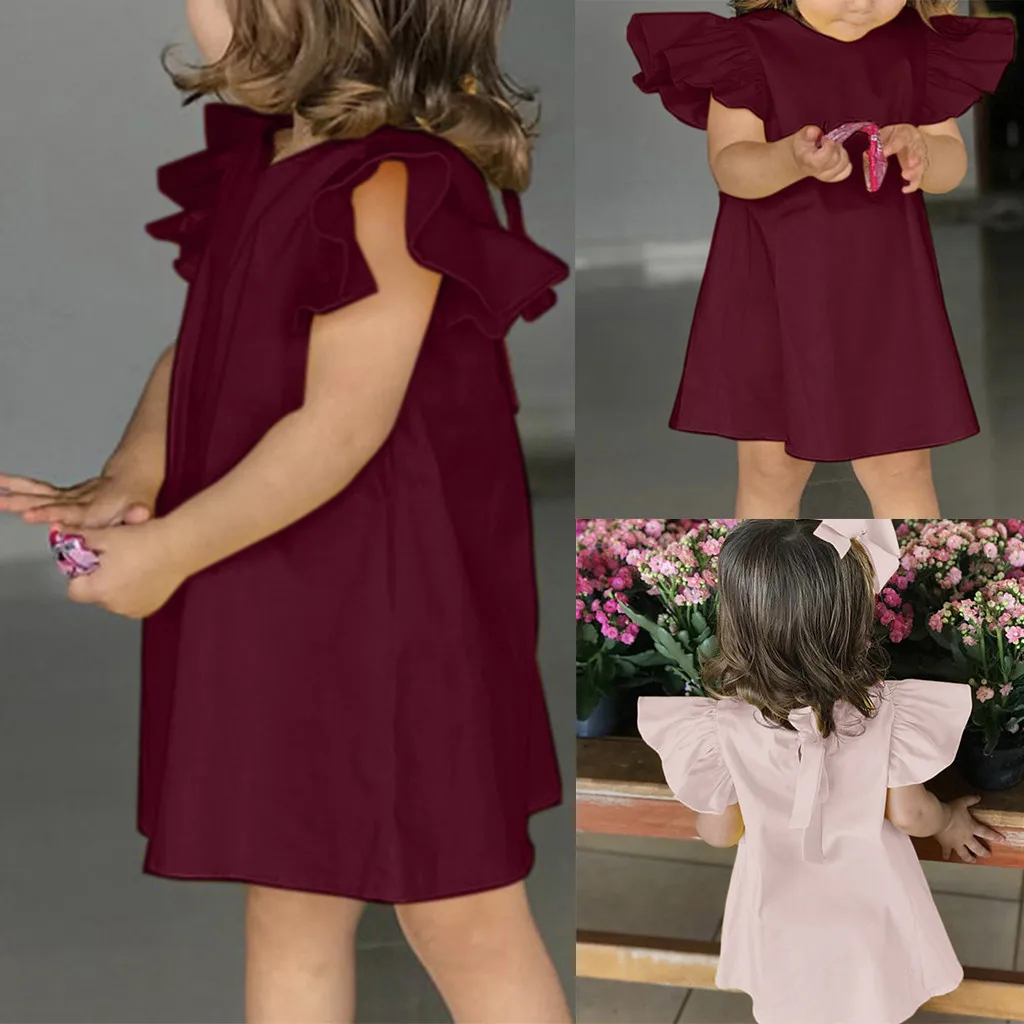 Summer Infant Baby Girls Fly Sleeve Solid Bow Dress Clothes Dresses Straight Knee Length Wine Pink Outfits | Детская одежда и