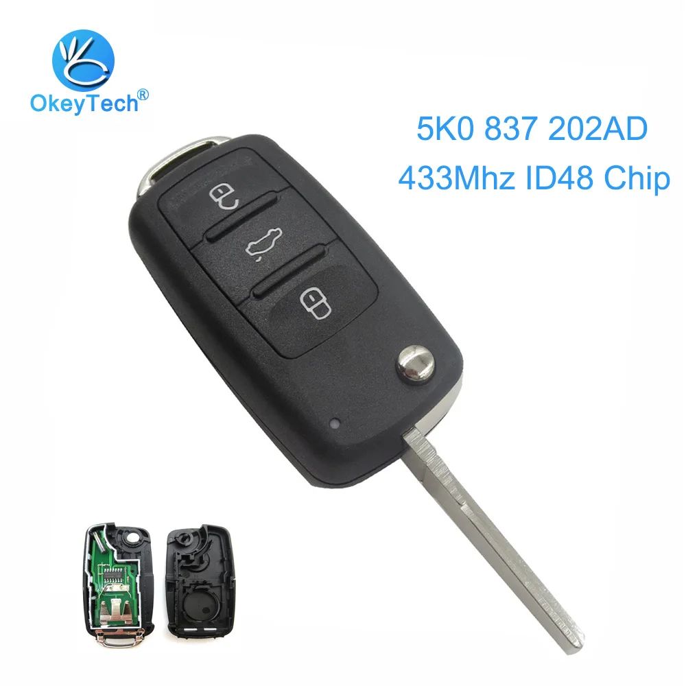 Откидной дистанционный ключ OkeyTech 2X 5K0837202AD 5K0 837 202 AD для VW VolksWagen Beetle Caddy Tiguan Touran Golf
