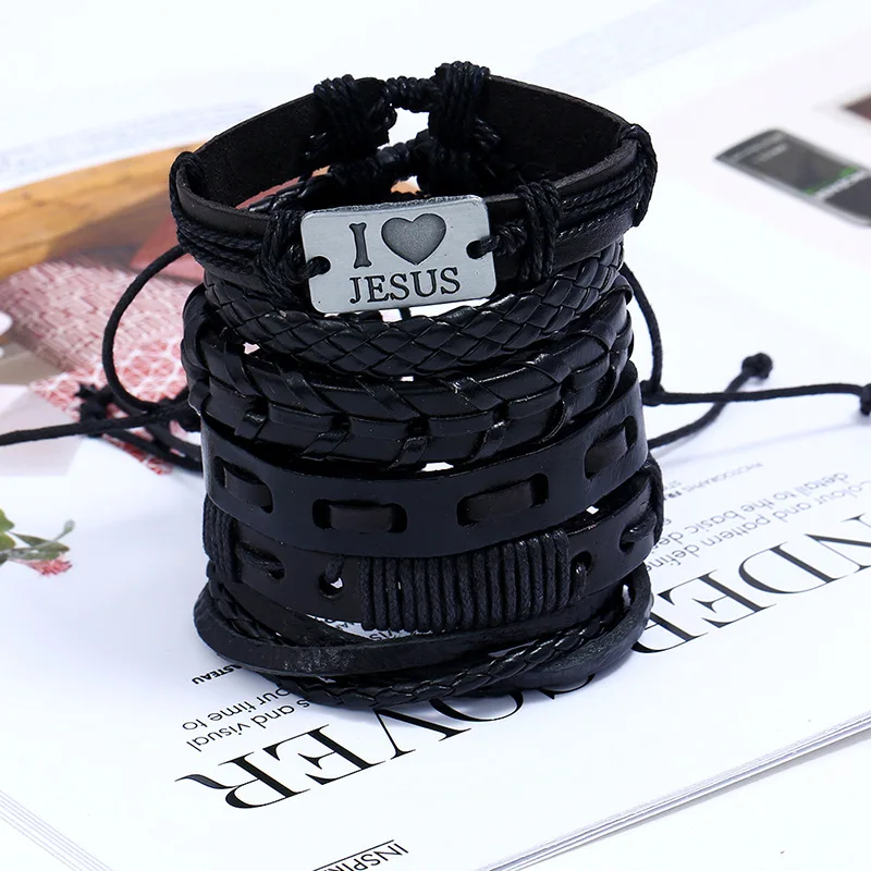 Новые 6 шт./партия винтажные панк любовь Иисус очарование черные кожаные плетеные