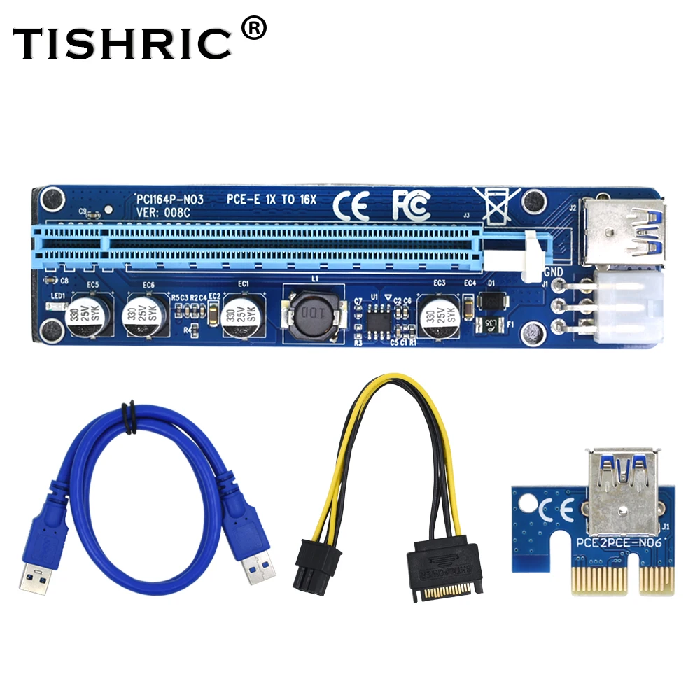 TISHRIC 10 шт. VER008C Molex 6 Pin PCIE PCI E Express Riser Card 1X к 16X удлинитель USB 3 0 кабель для майнинга