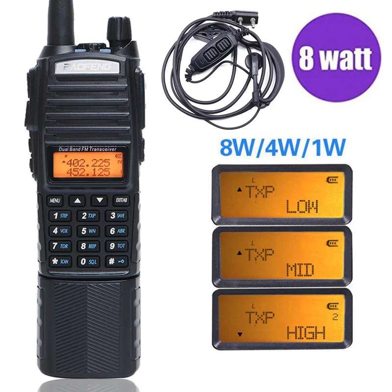 Baofeng UV 82 Plus высокая мощность 8 Вт 3800 мАч с DC разъемом Walkie Talkie Dual Band 136 174 и 400 520 МГц 10
