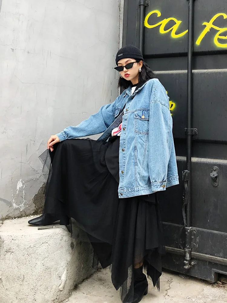 Creative design of back stitching stripe patch loose Street fake two fashionable BF neutral coat boyfriend denim jacket | Женская одежда