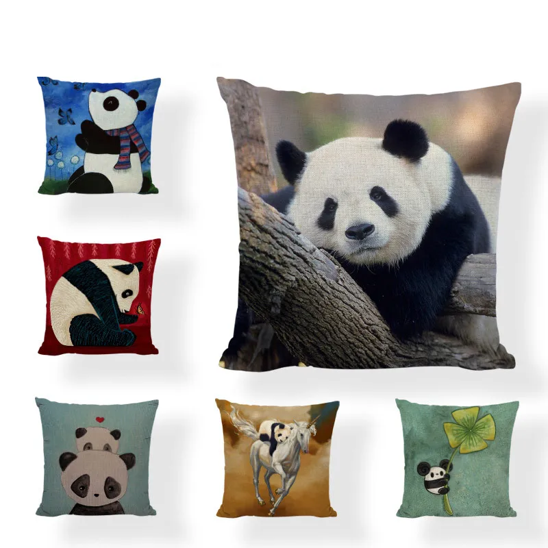 Panda Cushion Cover Cute Chinese National Treasure Linen Cotton Home Sofa Decor Happy Camper Butterfly Gifts Throw Pillow Covers | Дом и сад