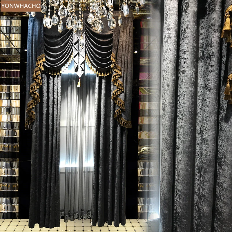 

Custom curtains high quality European American solid color thick chenille gray curtain valance tulle drapes panel B483