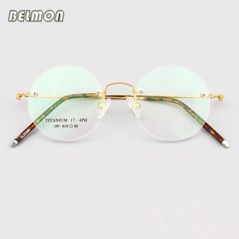 Belmon Titanium Spectacle Frame Men Women Rimless Vintage Round Eyeglasses Computer Optical Glasses Clear Lens Frame RS2222