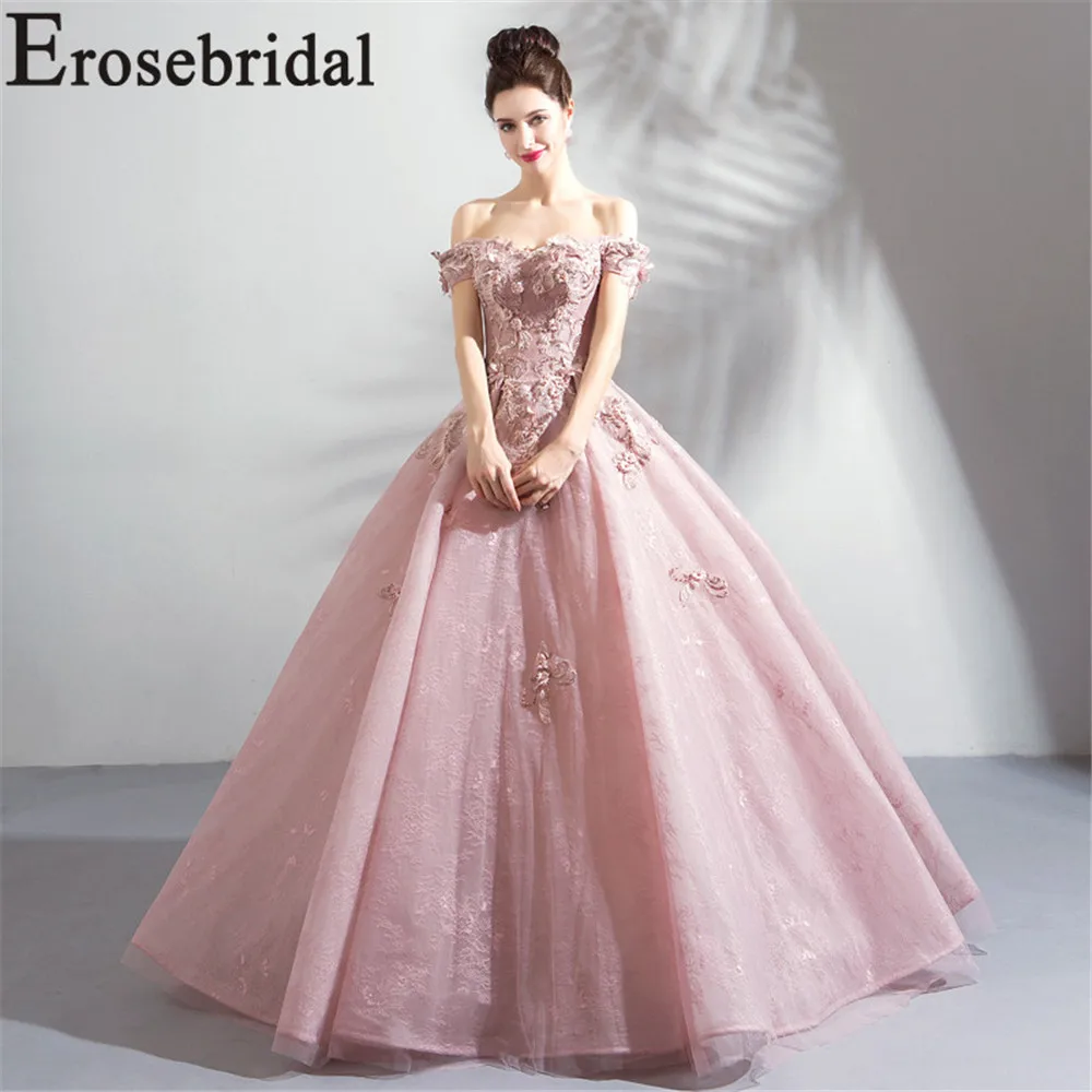 Erosebridal бальное платье вечернее платье длинное кружевное 3D, украшение в виде цветка, формальный Для женщин Выходные туфли на выпускной вечерние платье розовый цвет со шнуровкой на спине